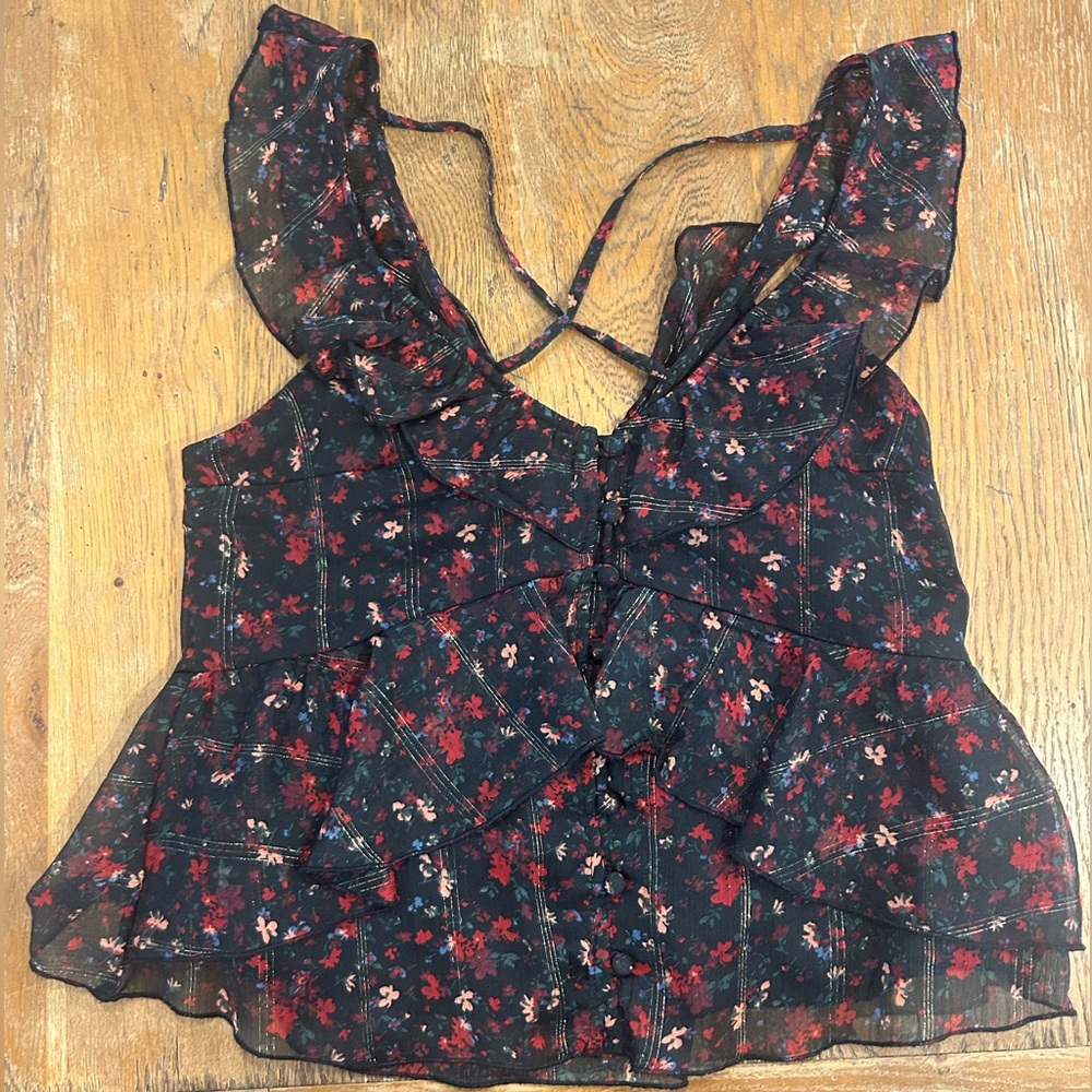 Abercrombie & Fitch Navy Floral Flutter Sleeve Blouse